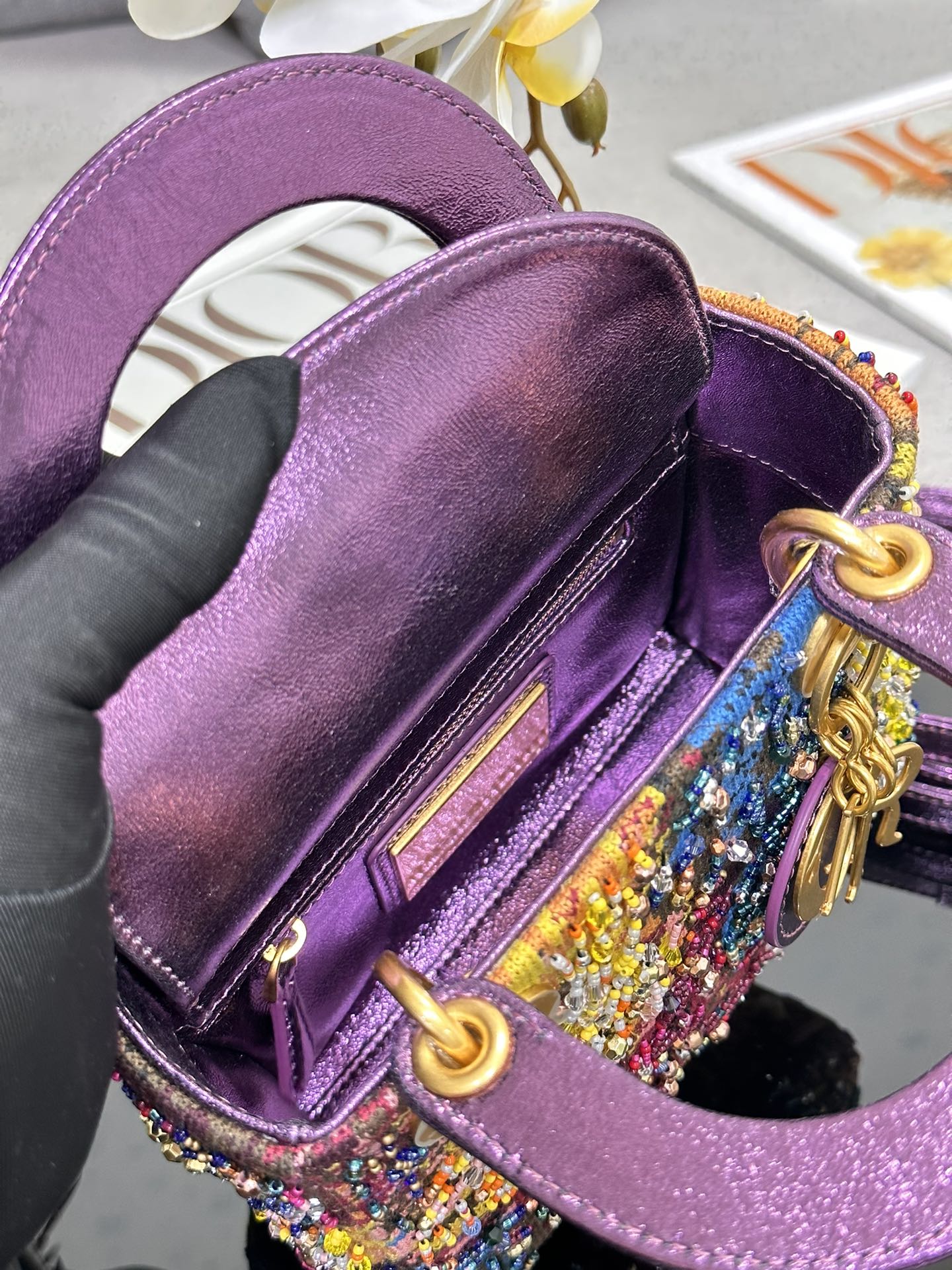 Mini Lady Dior Bag Purple Calfskin Embroidered with Paint Beads